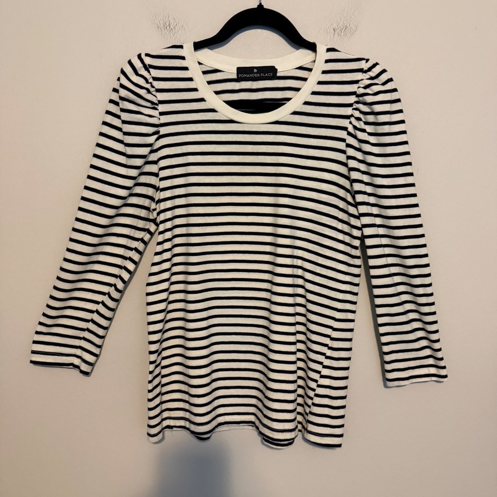 Tuckernuck Pomander Place Vesty Top Small Navy White Stripe Puff Sleeve Cotton